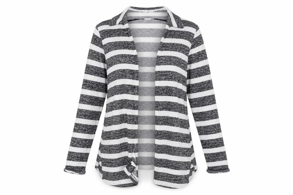 Front view of H&M women’s white striped knit cardigan jumper, size M