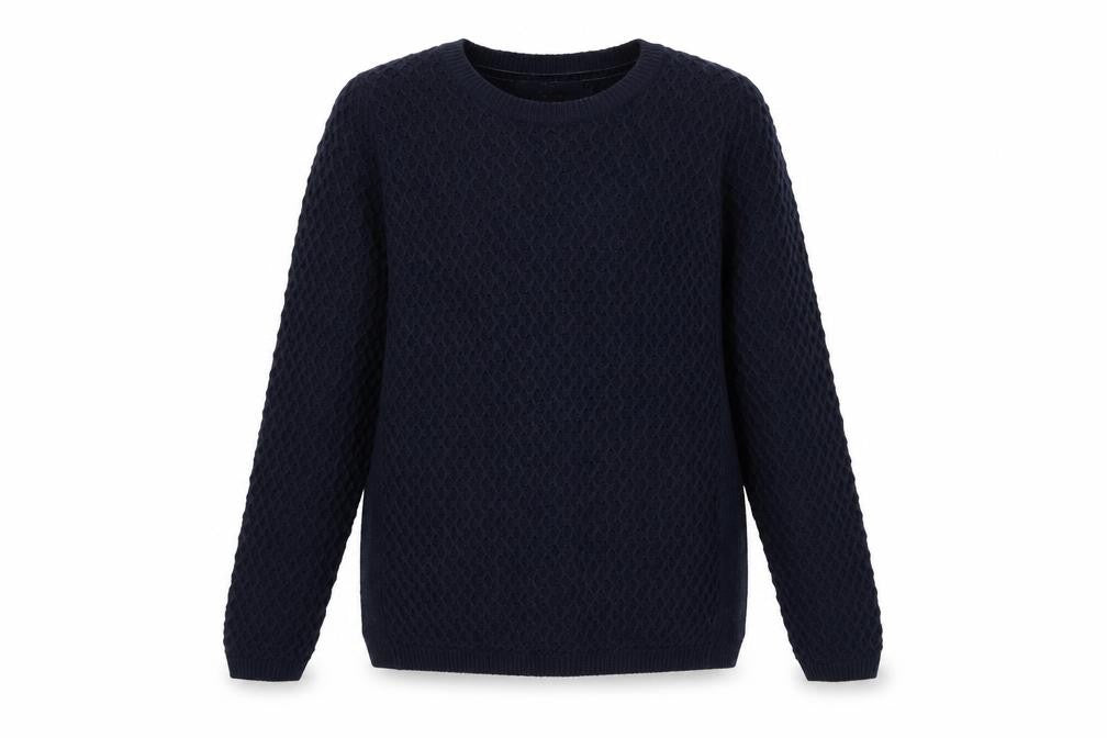 Front view of EWM women’s blue knit pullover sweatshirt, size UK 12