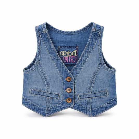 Front view of Indigo girls’ blue gilet jacket, size 12-18, months