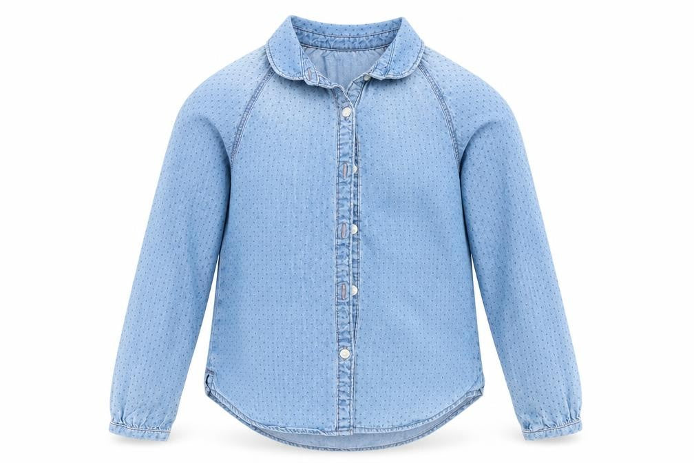 Front view of OshKosh B’gosh girls’ blue denim basic button-up, size 7, years