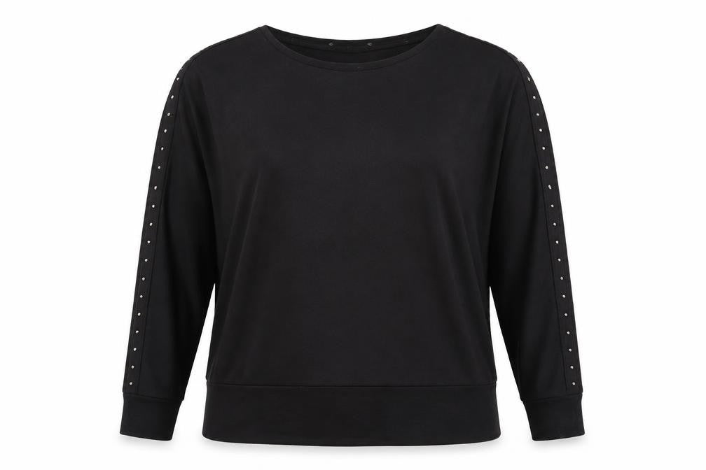 Front view of New Look women’s black pullover sweatshirt, size UK 14