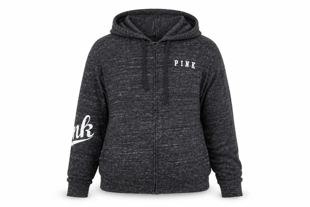 Front view of PINK women’s grey geometric full zip hoodie, size XS