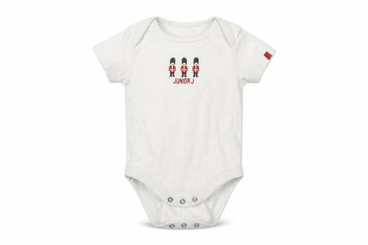 Front view of Junior J Baby White Babygrow One-Piece, size 3-6, Months