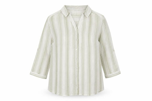 Front view of ISLE women’s white striped basic button-up, size UK 18
