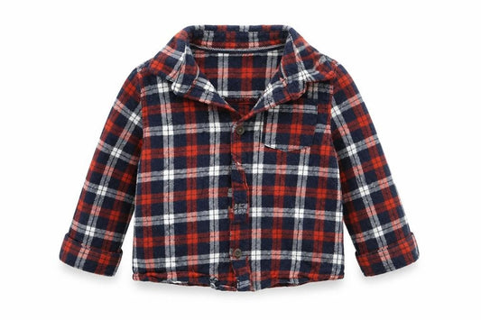 Front view of Primark boys’ blue check basic button-up, size 12, months