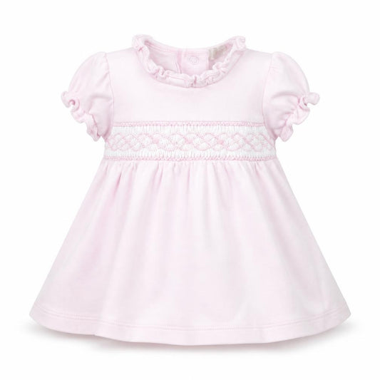 Front view of Kissy Kissy girls’ pink a-line, size 0-3, months