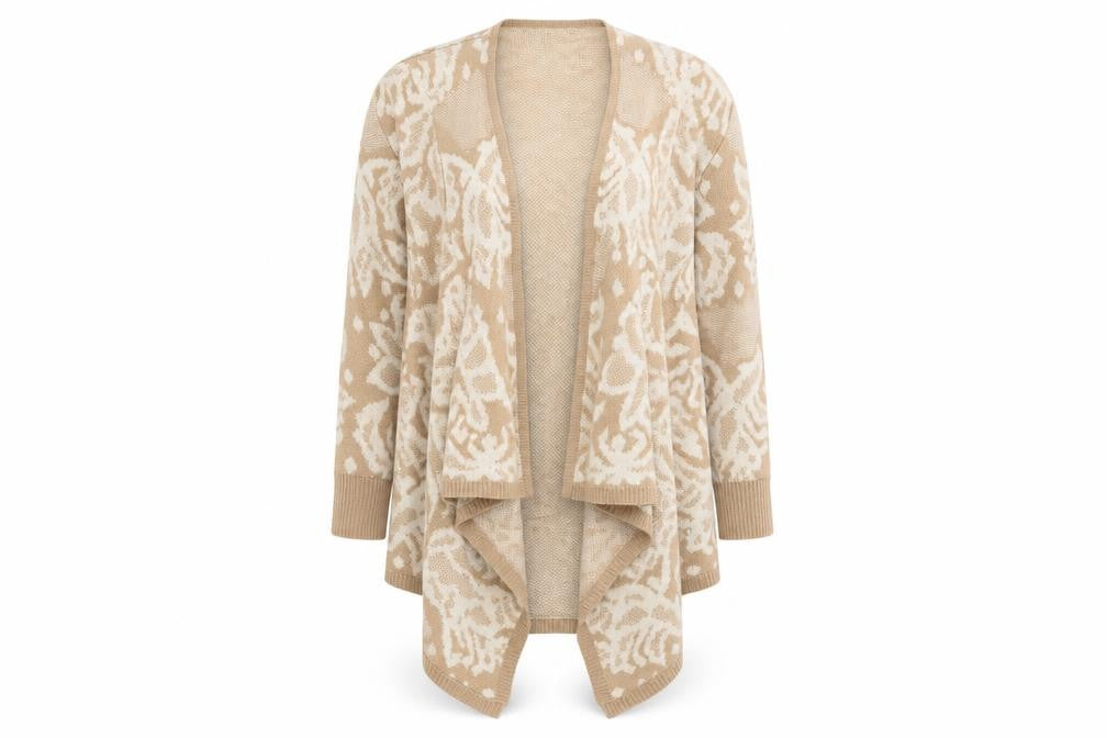 Front view of Peacocks women’s beige geometric knit cardigan jumper, size M