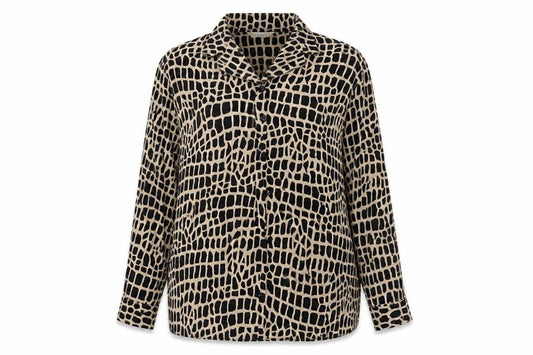 Front view of Design Essentials women’s beige animal print basic button-up, size UK 20