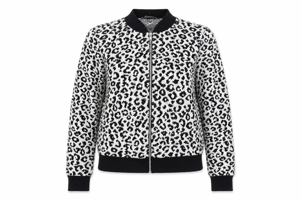 Front view of Atmosphere women’s white animal print bomber jacket jacket, size UK 14