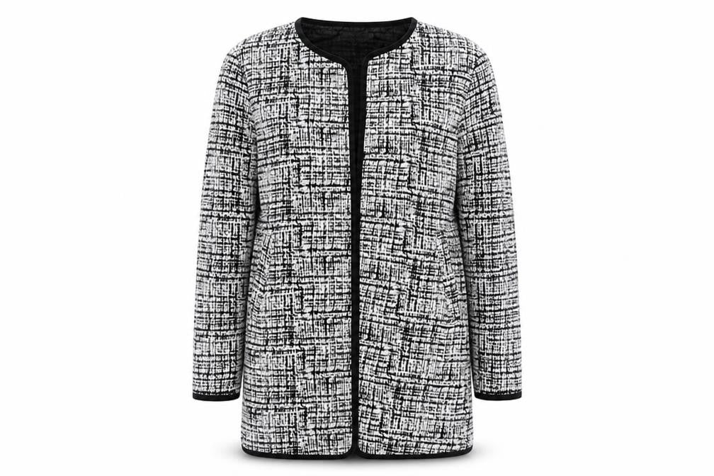 Front view of In the Style women’s black geometric overcoat coat, size M
