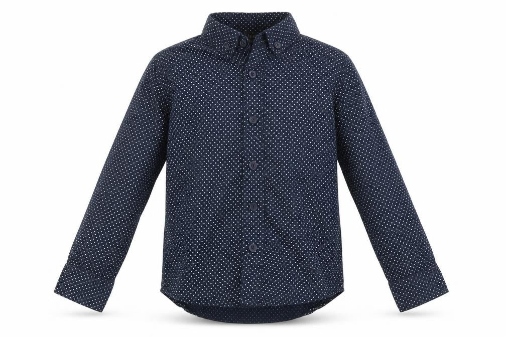 Front view of Primark boys’ blue polka dot button-up, size 2-3, years