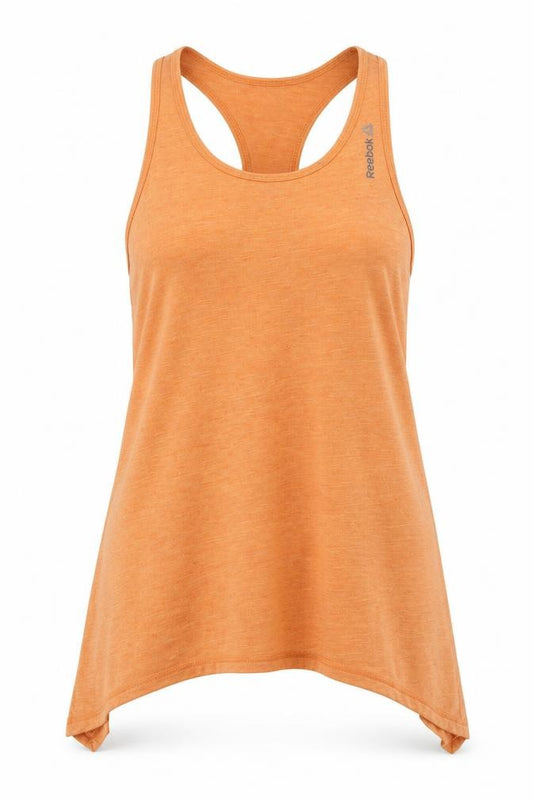 Front view of Reebok women’s orange basic tank, size S, - open back
