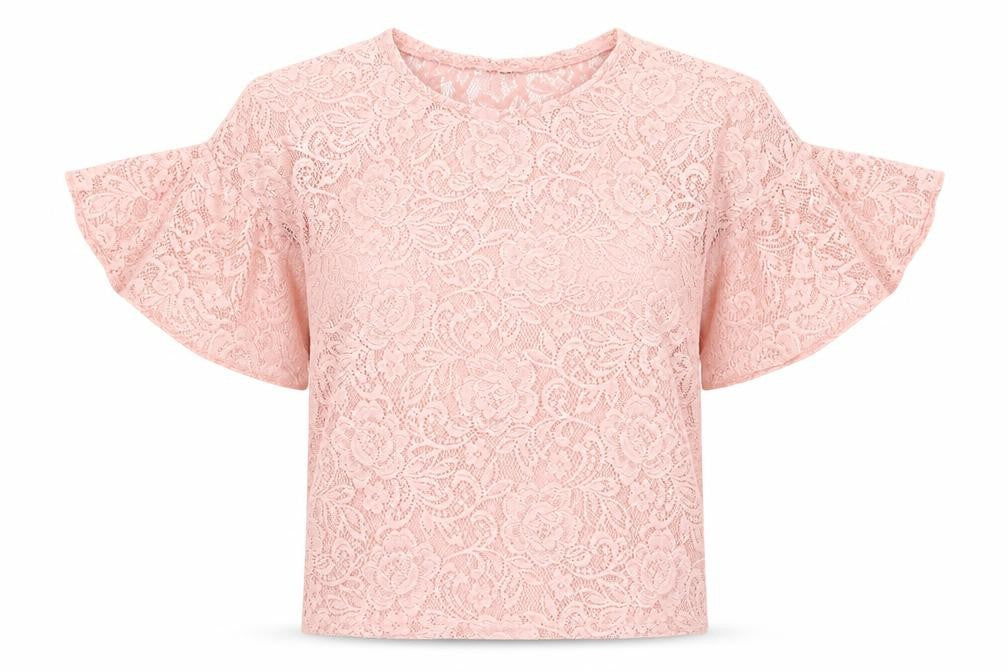 Front view of Atmosphere women’s pink lace basic t-shirt, size UK 4