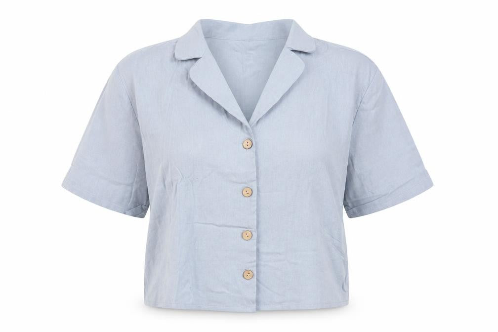 Front view of SHEIN women’s blue basic button-up, size M