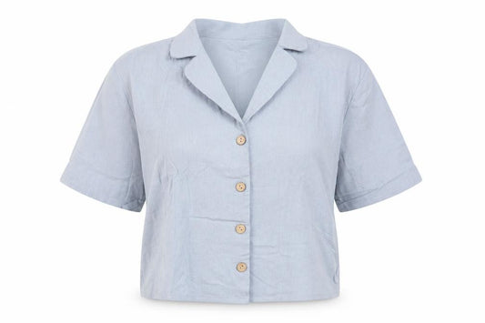 Front view of SHEIN women’s blue basic button-up, size M