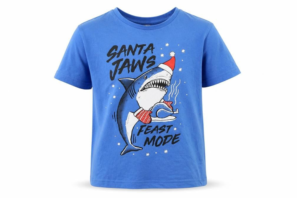 Front view of George boys’ blue basic t-shirt, size 6-7, years - santa jaws feast mode