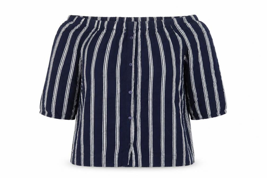 Front view of Atmosphere women’s blue striped basic blouse, size UK 12