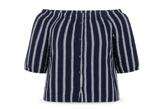 Front view of Atmosphere women’s blue striped basic blouse, size UK 12