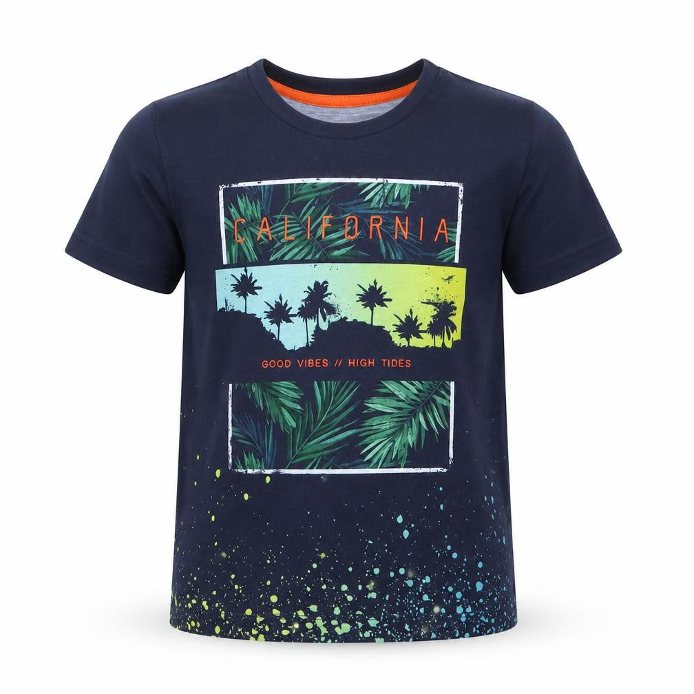 Front view of Matalan boys’ blue geometric basic t-shirt, size 6, years