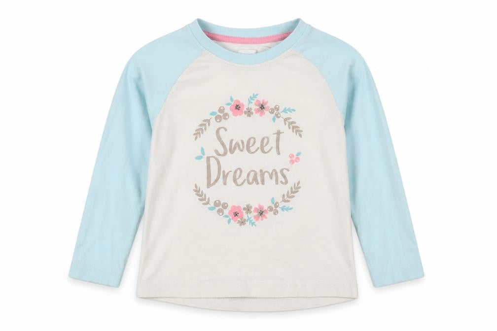 Front view of Matalan girls’ blue geometric top pyjama top, size 5, years