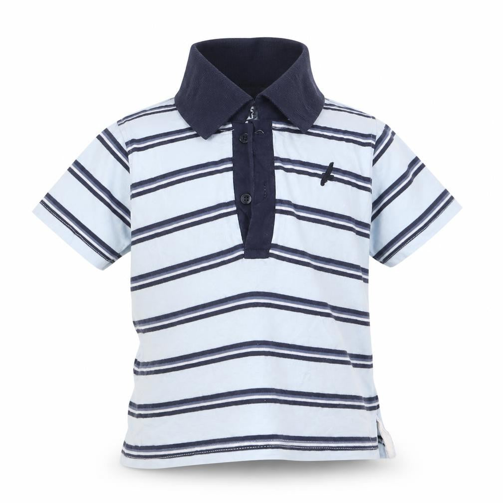 Front view of Matalan boys’ blue striped basic polo, size 6-9, months