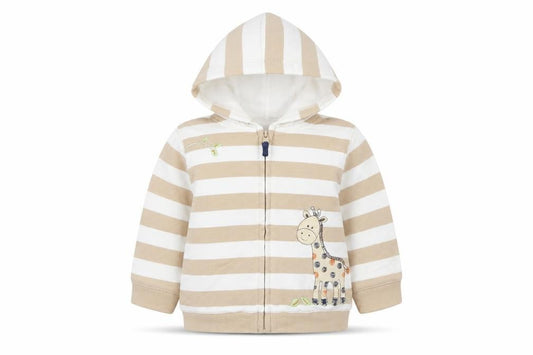 Front view of Little Me boys’ beige striped jacket, size 6-9, months