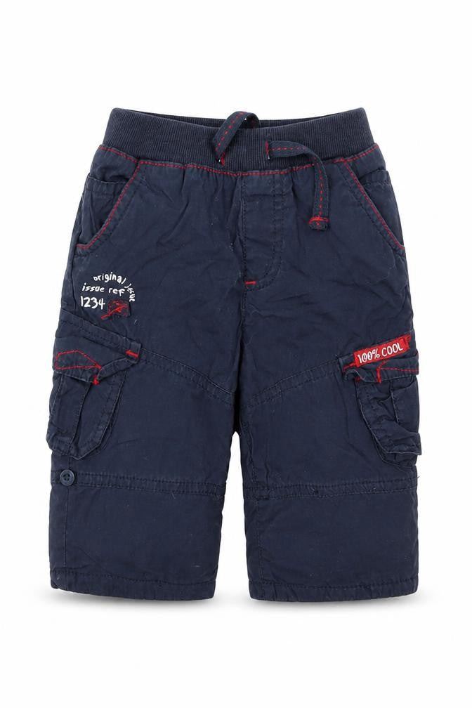 Front view of Tu boys’ blue cropped trousers, size 3-6, months