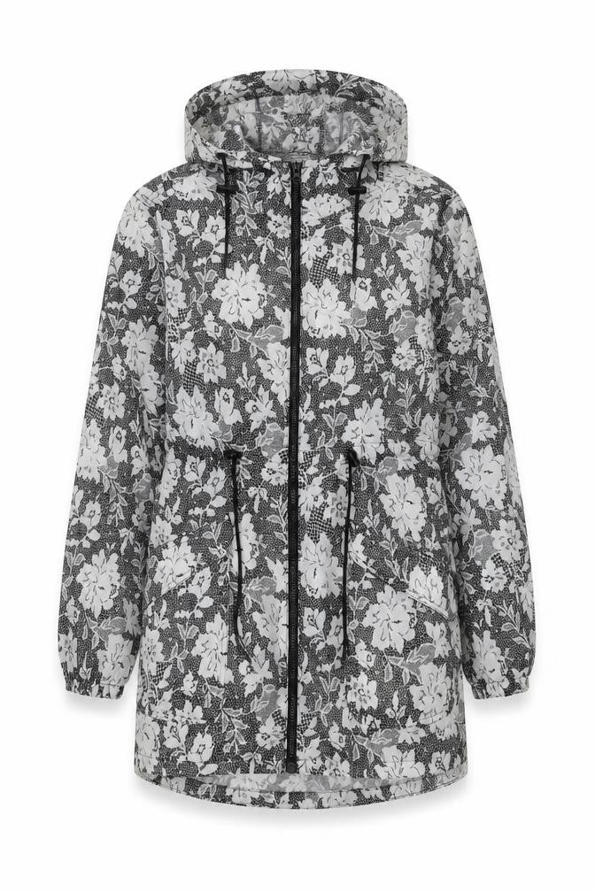 Front view of urban essentials women’s grey floral parka coat, size L