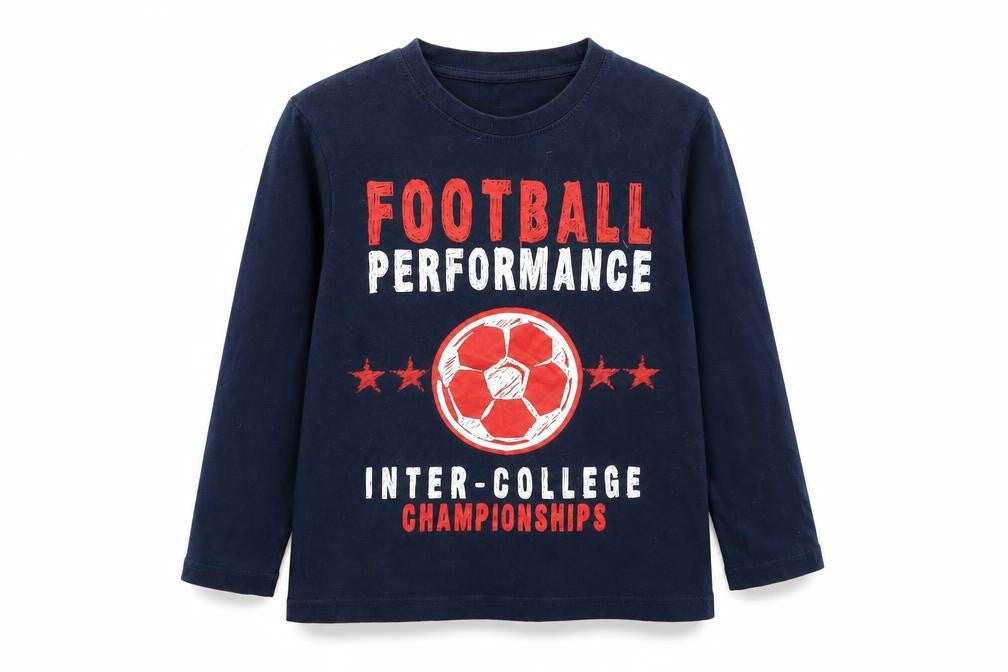 Front view of Preworn boys’ blue basic t-shirt, size 6-7, years - football