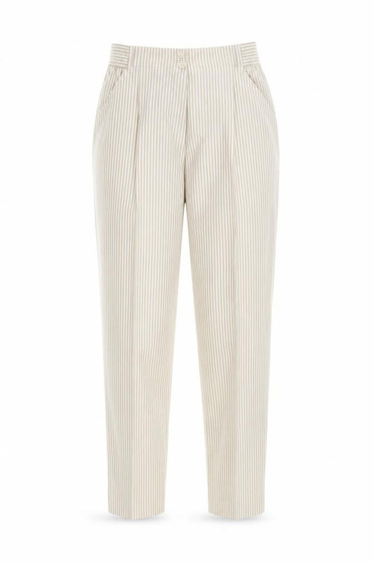 Front view of Preworn women’s white striped trousers, size UK 26, in, 30-inch leg