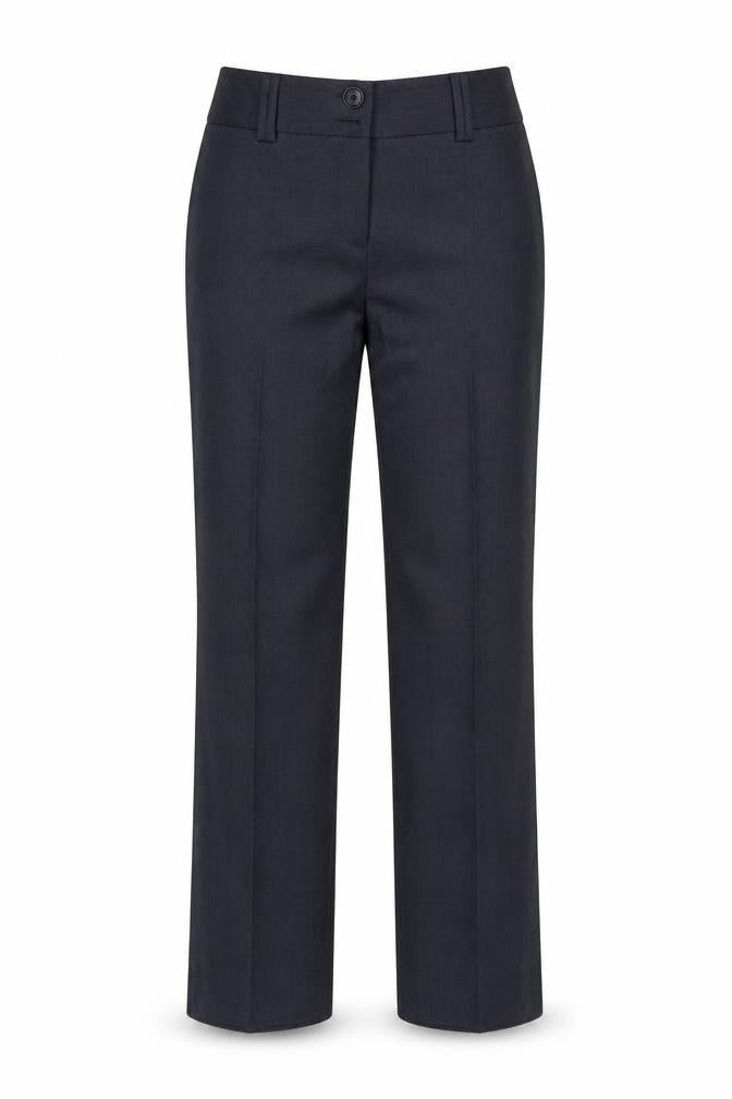Front view of Preworn women’s grey trousers, size UK 14, 28-inch leg