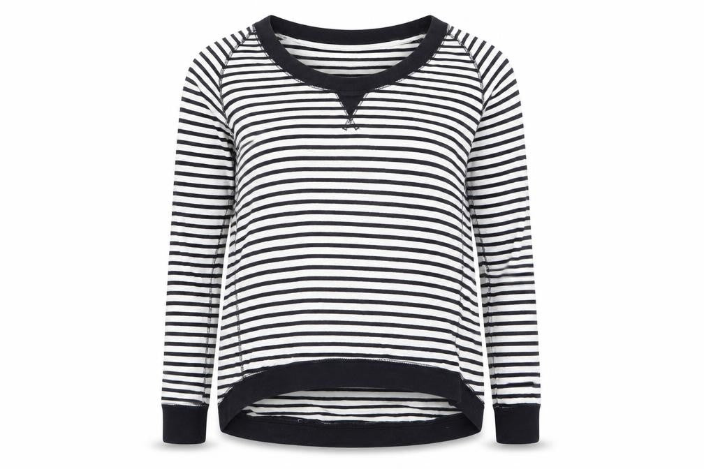 Front view of raw women’s multicoloured striped jumper, size M