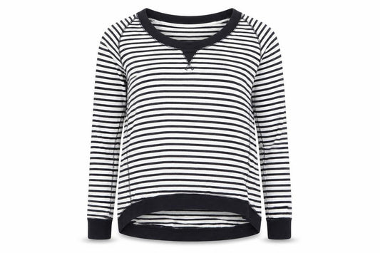 Front view of raw women’s multicoloured striped jumper, size M
