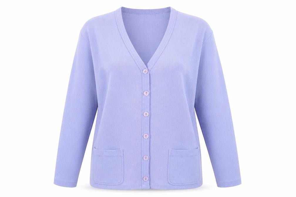 Front view of TIGI women’s blue cardigan jumper, size UK 10