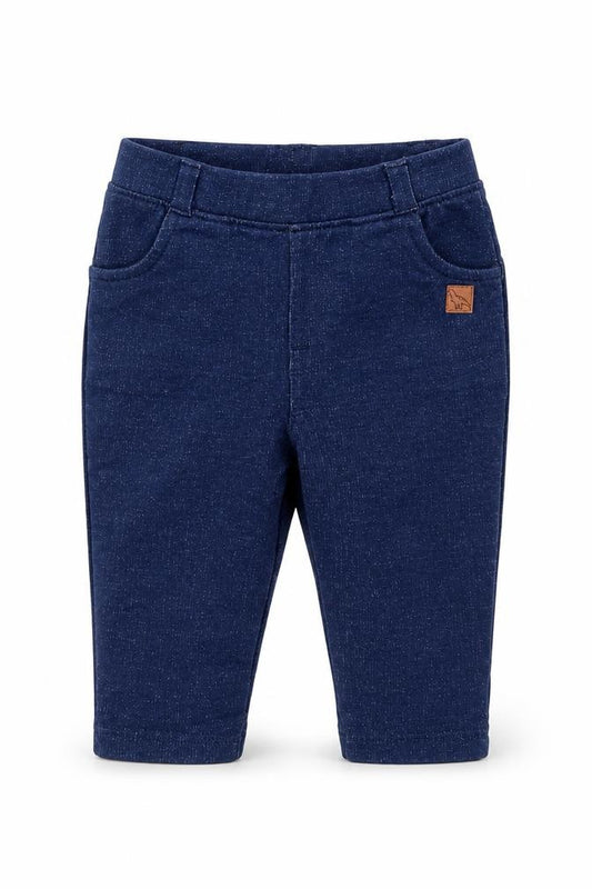 Front view of JHON LEWIS girls’ blue jogger jeans, size 3-6, months