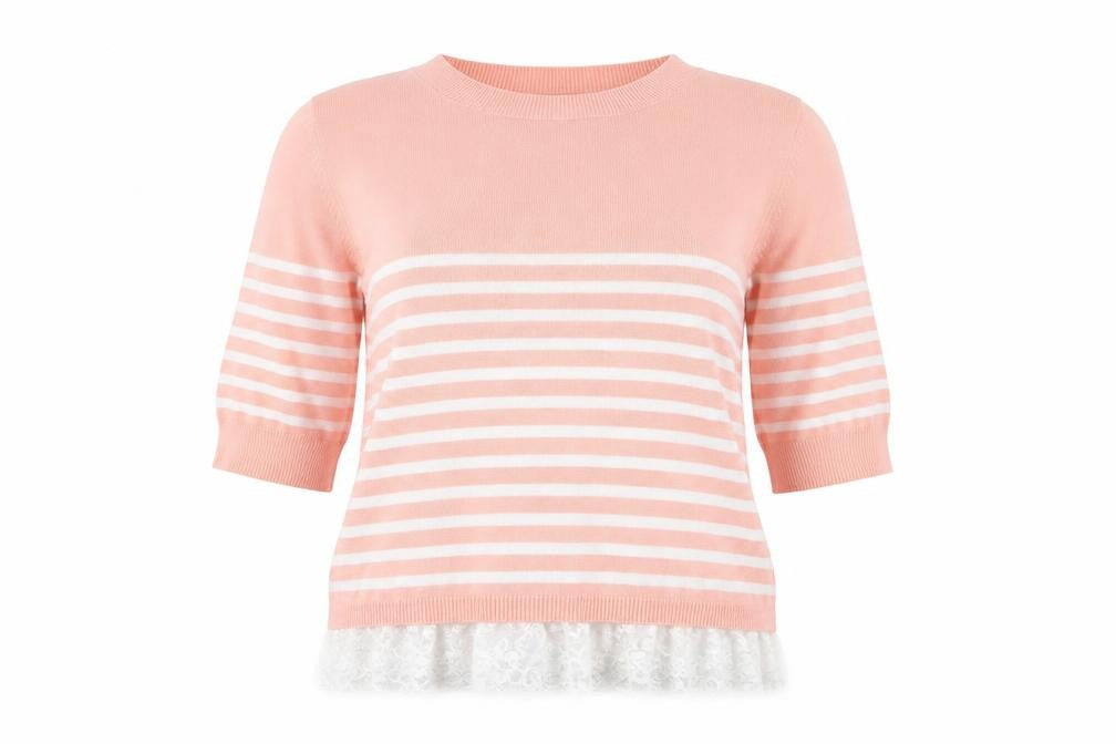 Front view of Primark women’s pink striped jumper, size UK 16