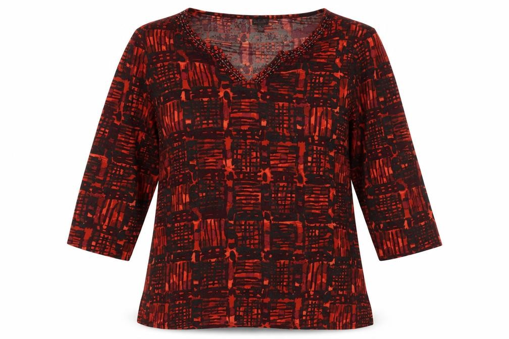 Front view of Rafaella women’s orange geometric basic t-shirt, size L