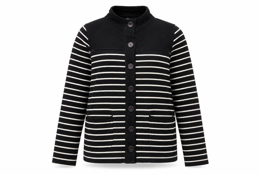 Front view of Bonmarché women’s black striped cardigan jumper, size M