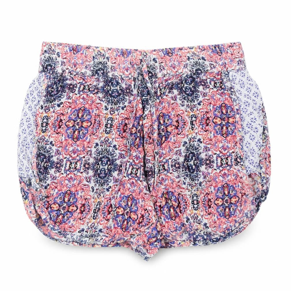 Front view of Atmosphere women’s white paisley hot pants shorts, size UK 4