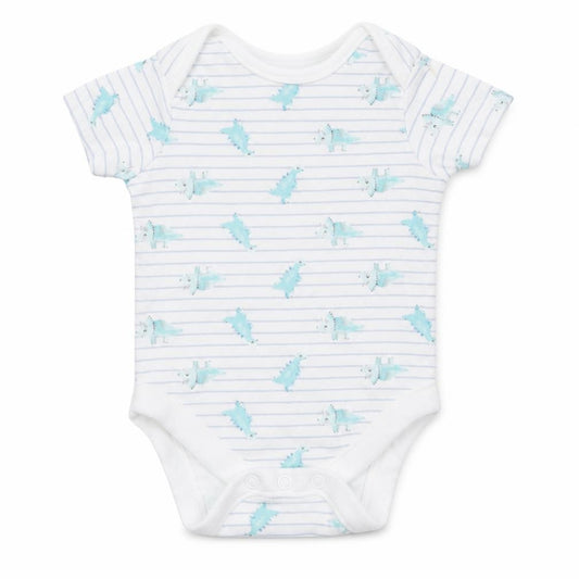 Front view of George Baby White Striped Romper One-Piece, size 3-6, Months - Dinosaurs