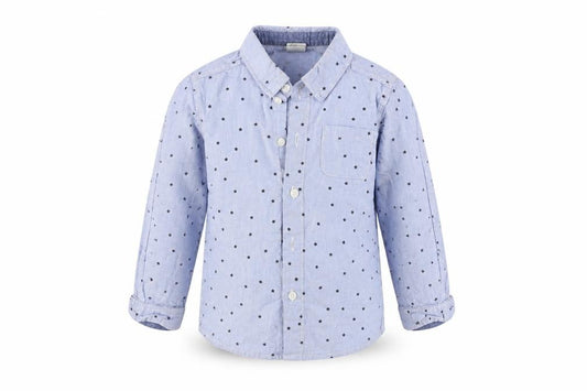 Front view of H&M boys’ blue basic button-up, size 2, years - star pattern