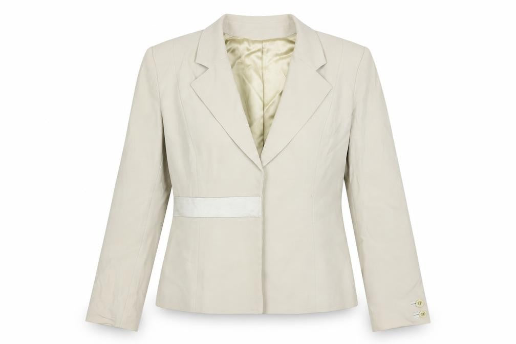 Front view of press&bastyan women’s beige jacket blazer, size UK 14