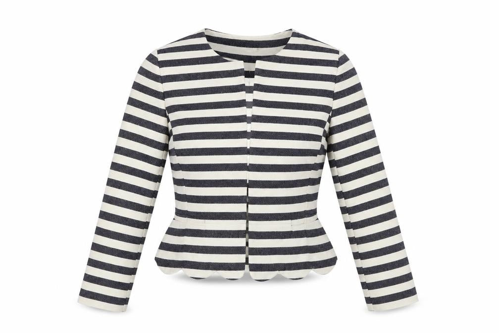 Front view of Atmosphere women’s beige striped jacket coat, size UK 8
