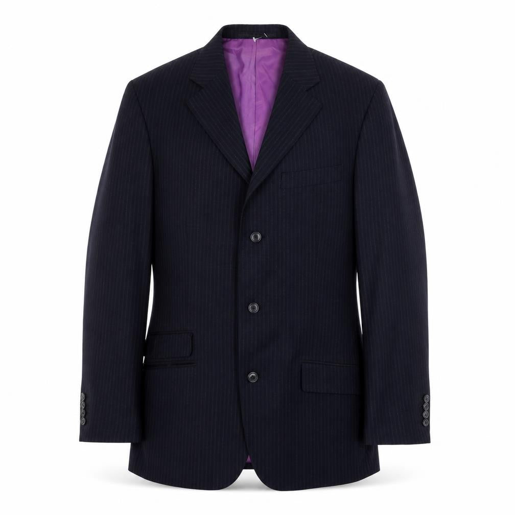 Front view of antich collection men’s blue striped jacket blazer, size 38