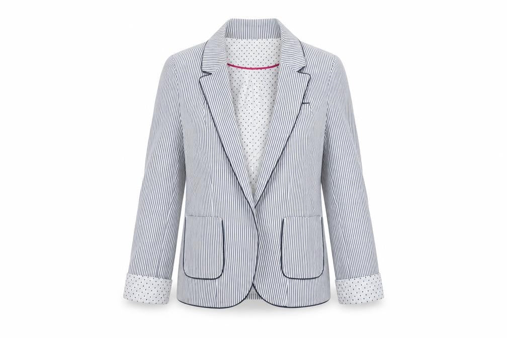 Front view of Atmosphere women’s white striped jacket blazer, size UK 10
