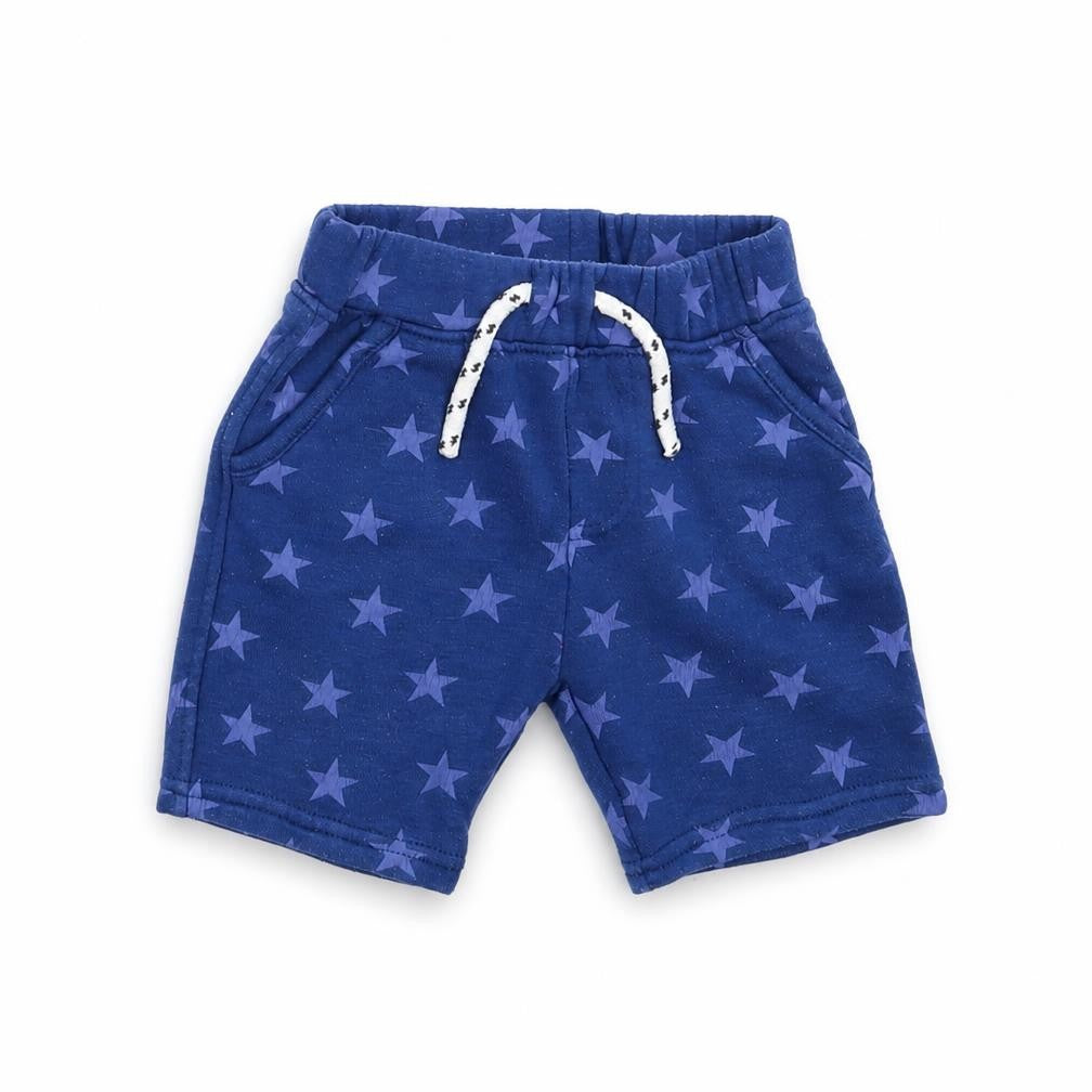 Front view of Primark boys’ blue geometric trousers, size 12-18, months - star pattern shorts