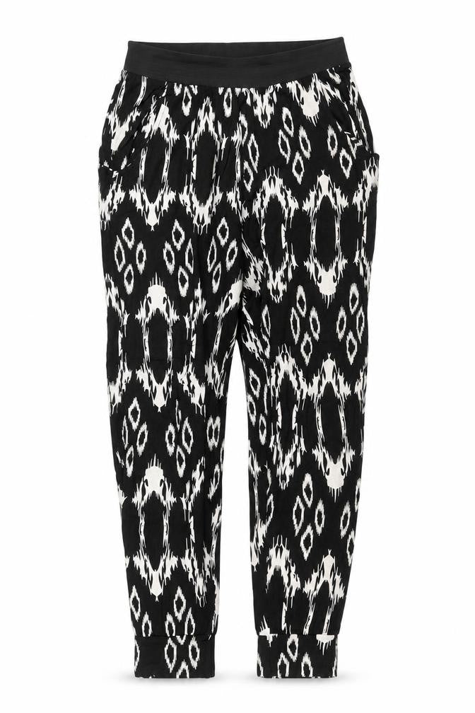 Front view of Liquid women’s black geometric trousers, size M, 27-inch leg
