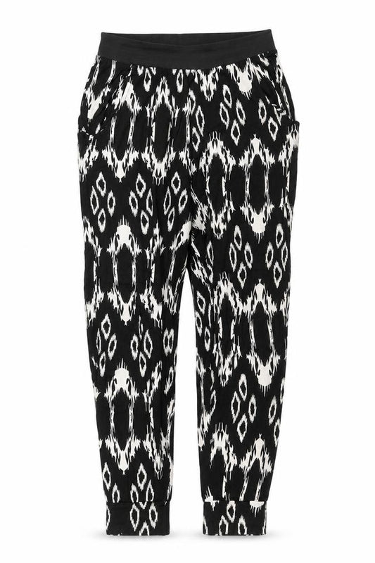 Front view of Liquid women’s black geometric trousers, size M, 27-inch leg