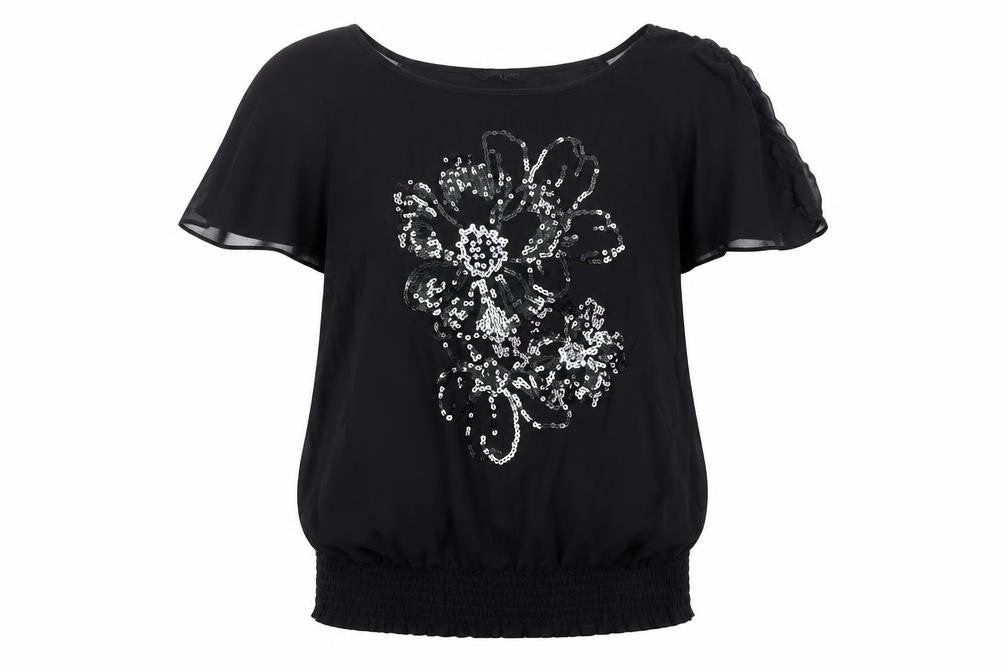 Front view of Debenhams women’s black basic blouse, size UK 10, - sequin flowers