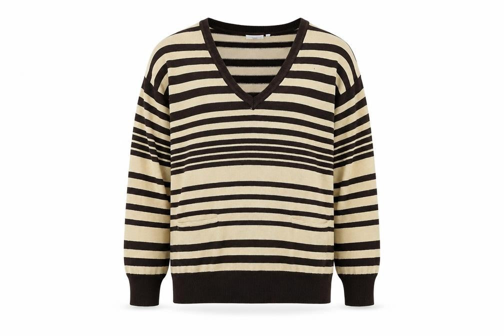Front view of New Look women’s beige striped jumper, size UK 10